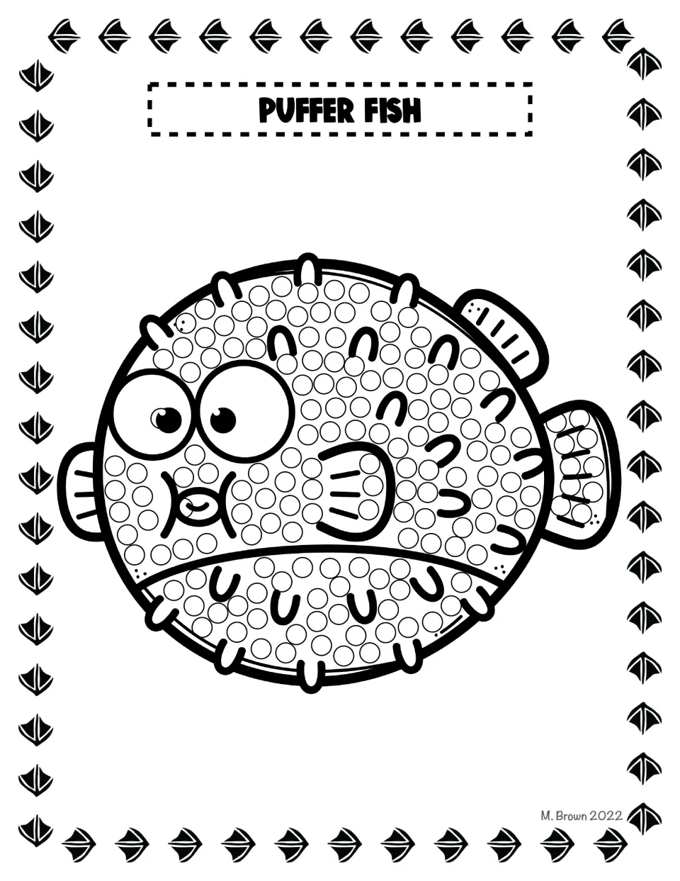 Puffer Fish Q-tip dot page: students dot the circles on a round, spiky puffer fish with big eyes and puckered lips