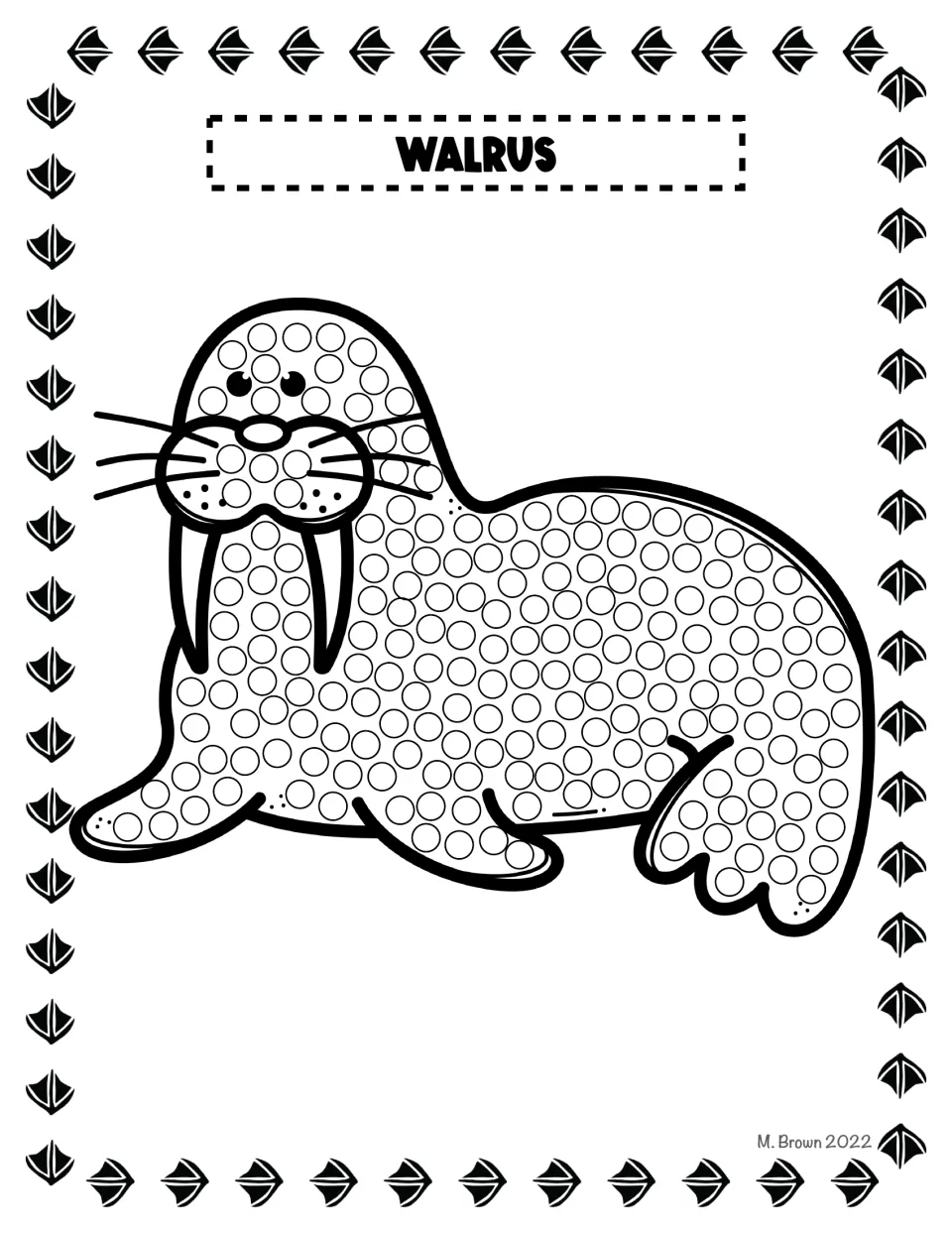 Walrus Q-tip dot page: students dot circles across a walrus with tusks and whiskers, from its head to its flippers