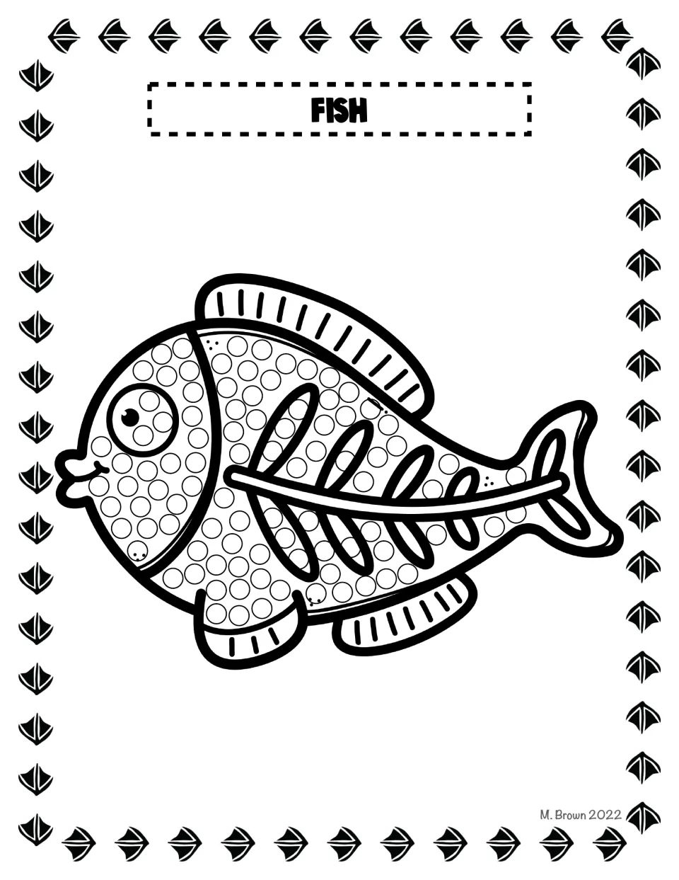 Fish Q-tip dot page: students fill circles on a cartoon fish's head and body, with a fishbone pattern on its side