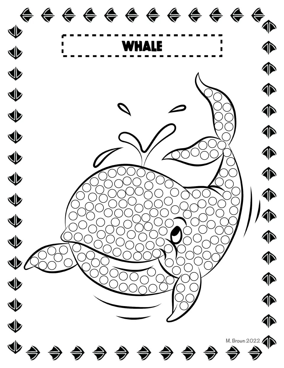 Whale Q-tip dot page: students dot circles on a smiling whale spouting water, including its fins and curled tail