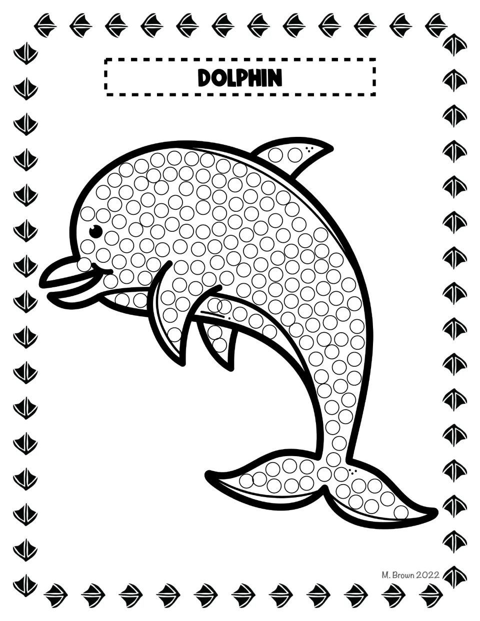 Dolphin Q-tip dot page: students dab paint into circles covering a leaping dolphin, from its nose to its tail fin