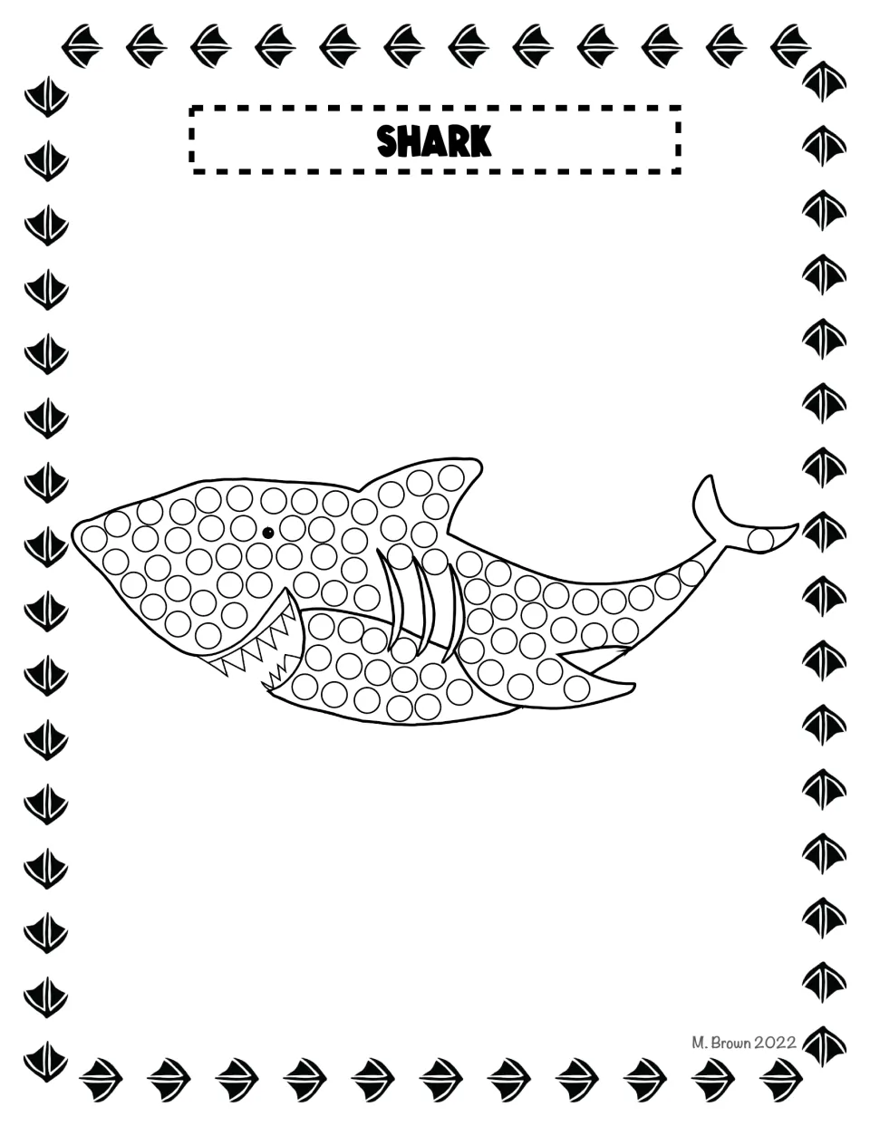 Shark Q-tip dot page: students dot the circles on a long shark with sharp teeth and gill slits, from snout to tail