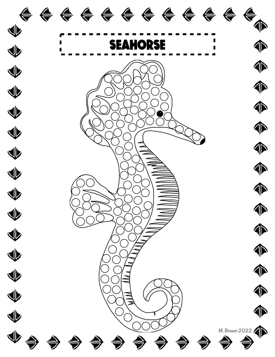 Seahorse Q-tip dot page: students dab circles on a seahorse's crested head, snout, fin and curled tail