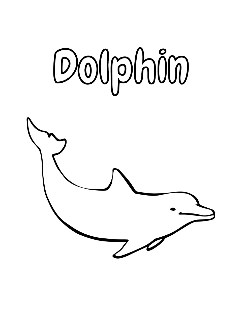 Dolphin coloring page: students color a simple outlined dolphin diving downward under the bubble-letter word Dolphin