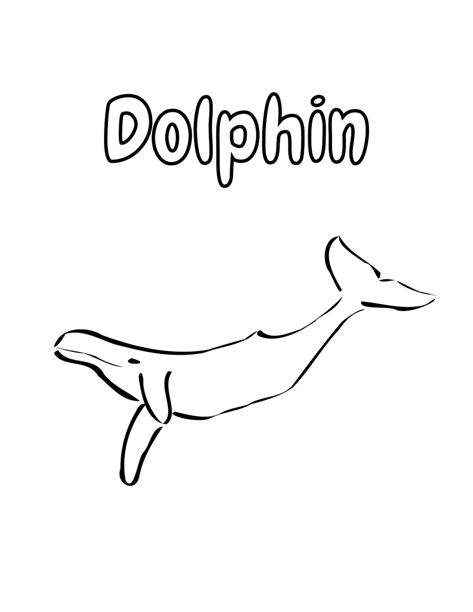 Second Dolphin coloring page: students color a long swimming sea mammal with large flippers and a raised tail fluke
