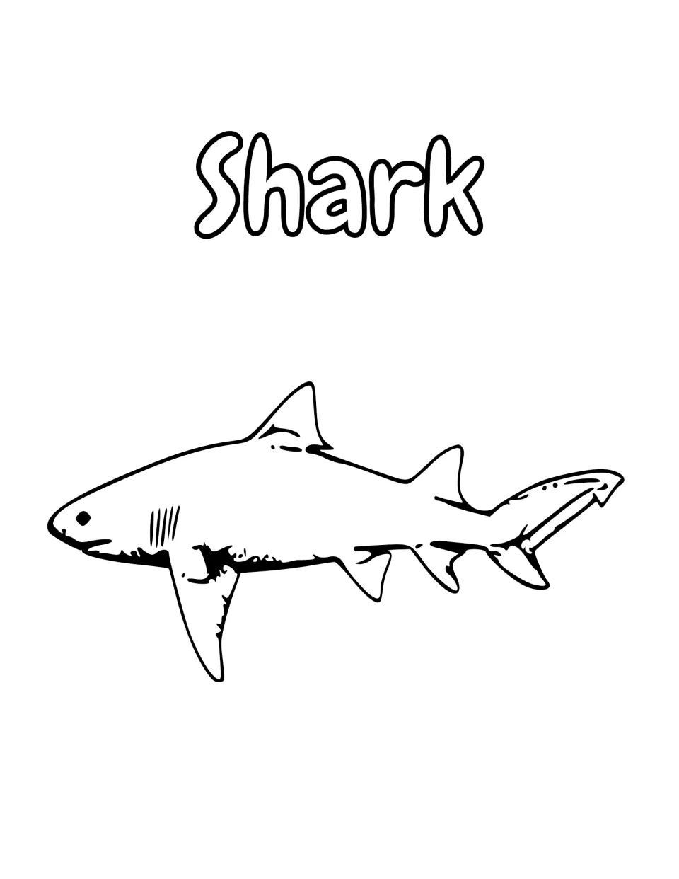 Shark coloring page: students color a side-view shark outline with gill slits, dorsal fins and a long tail under its name