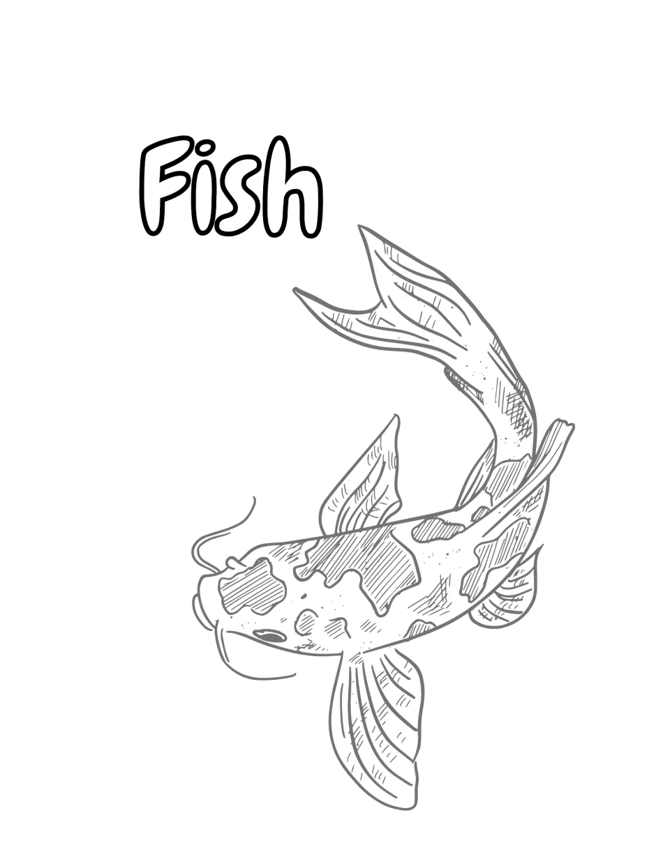Fish coloring page: students color a curving spotted fish with whisker barbels, flowing fins and a forked tail