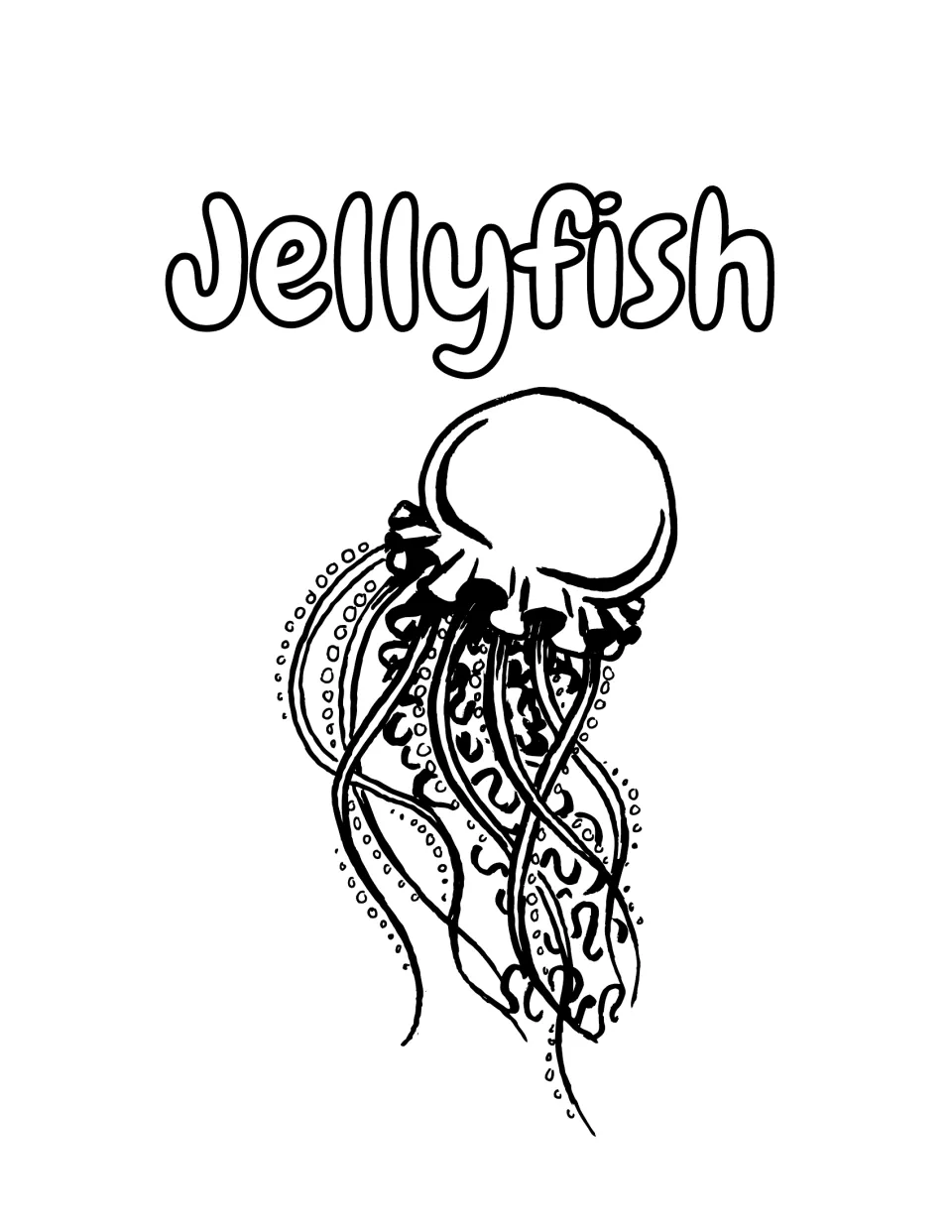 Jellyfish coloring page: students color a round-topped jellyfish with long wavy tentacles trailing beneath it