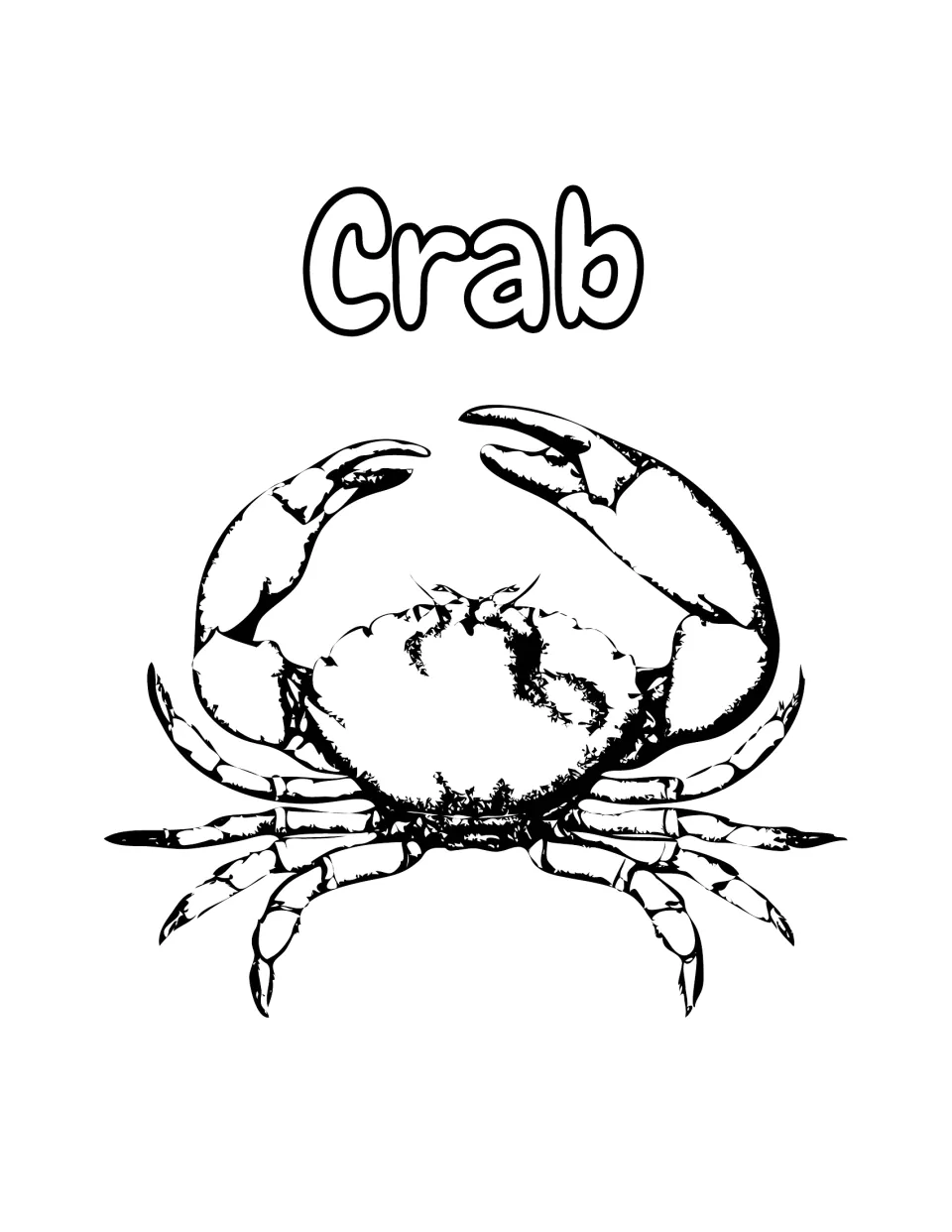 Crab coloring page: students color a realistic top-down crab with two raised claws and jointed walking legs