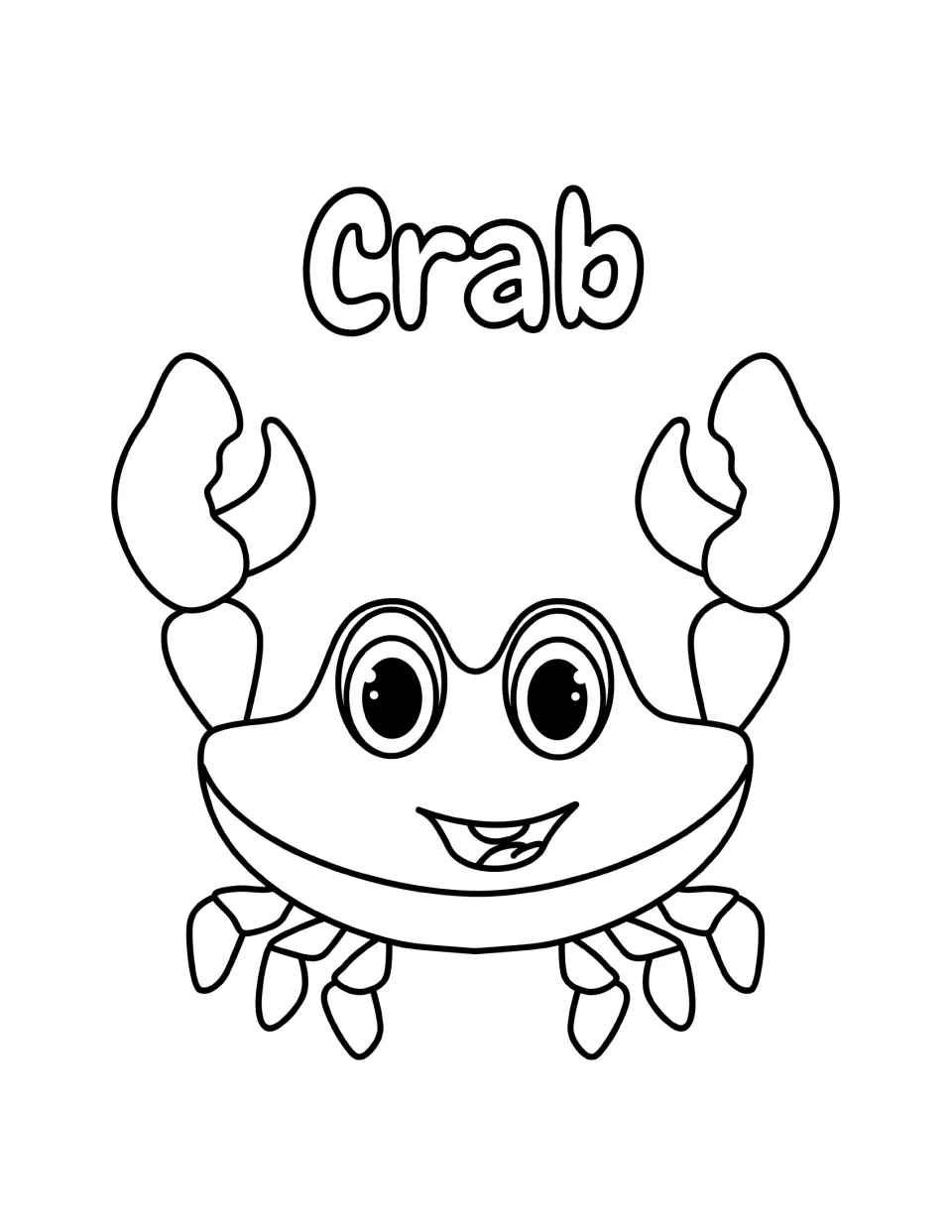Crab coloring page: students color a smiling cartoon crab with big eyes, raised claws and short legs in bold outlines