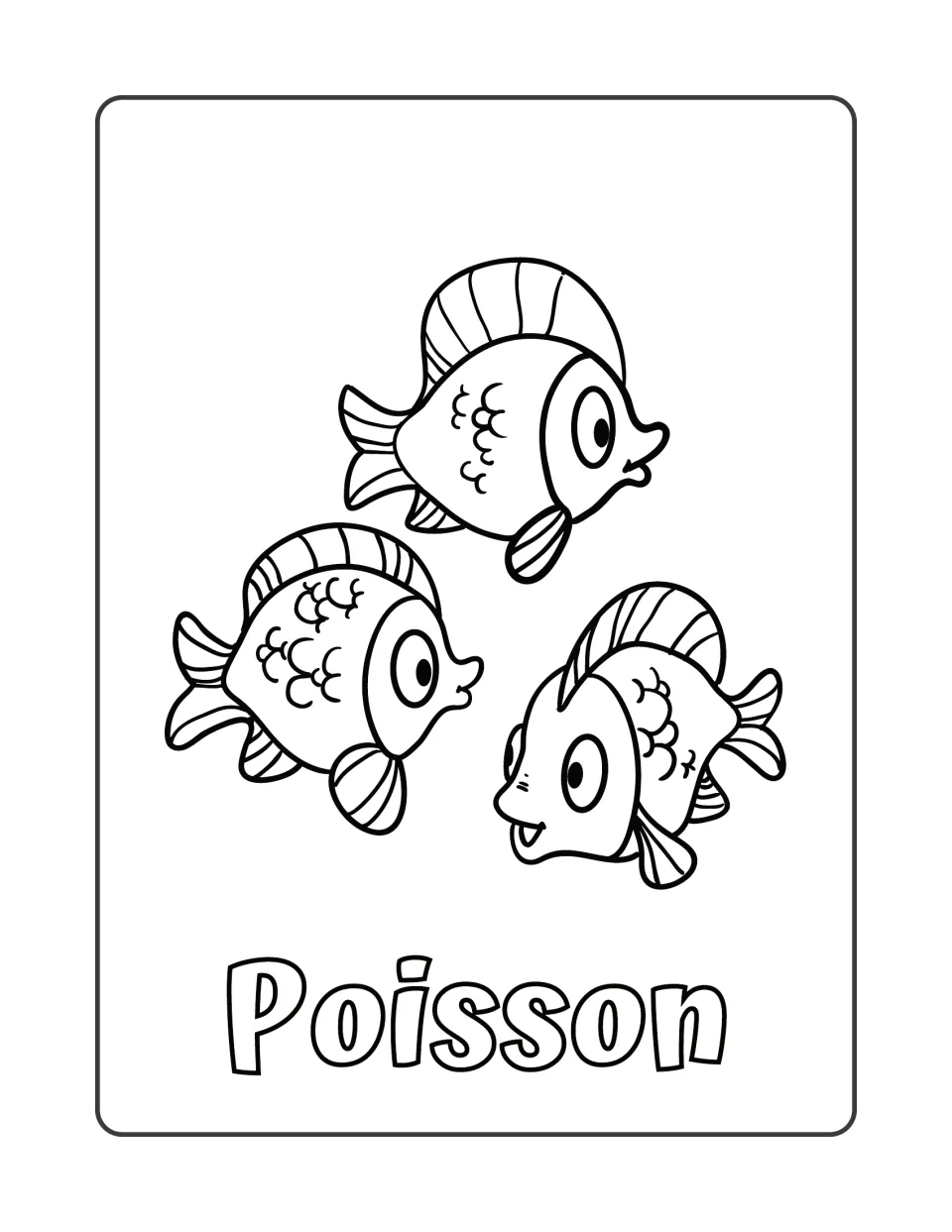 French word Poisson in outline letters under three cartoon fish for students to color while learning the word for fish