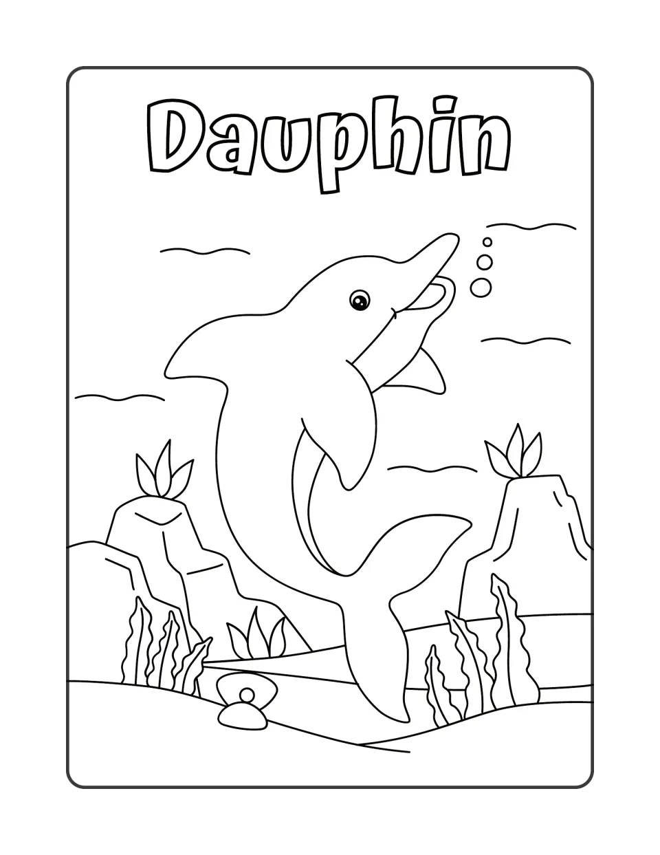 Dauphin: a dolphin leaps above rocks and seaweed with bubbles nearby, an outline picture labeled with the French noun