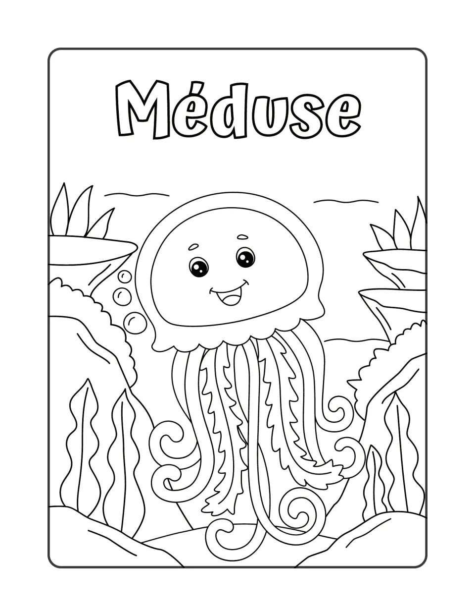Méduse: a smiling jellyfish with long frilly and curly tentacles between rocks and kelp, labeled for coloring practice