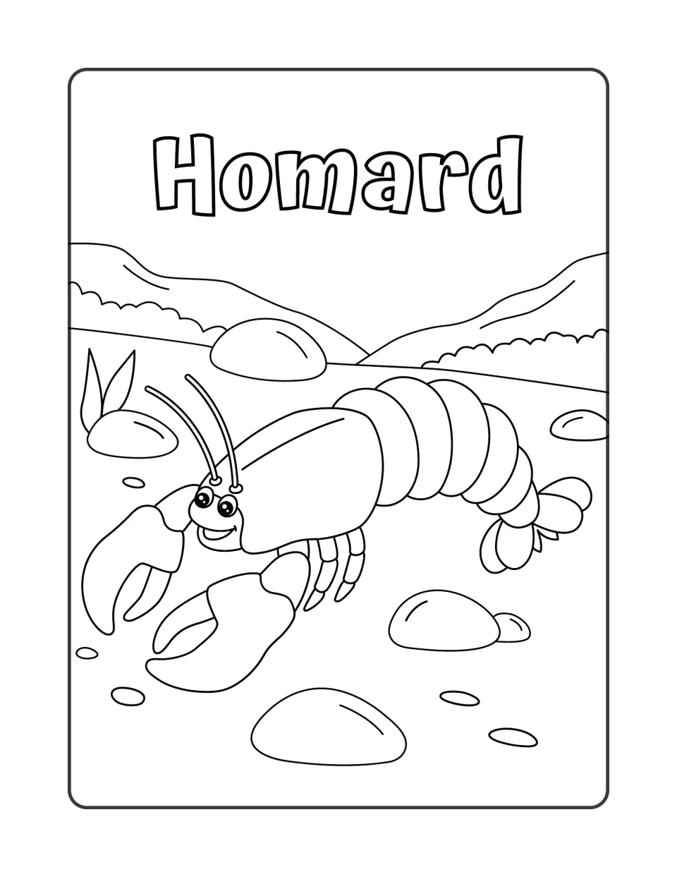Homard: a cartoon lobster with big claws and long antennae crawls across a rocky seabed, outlined beneath its French label