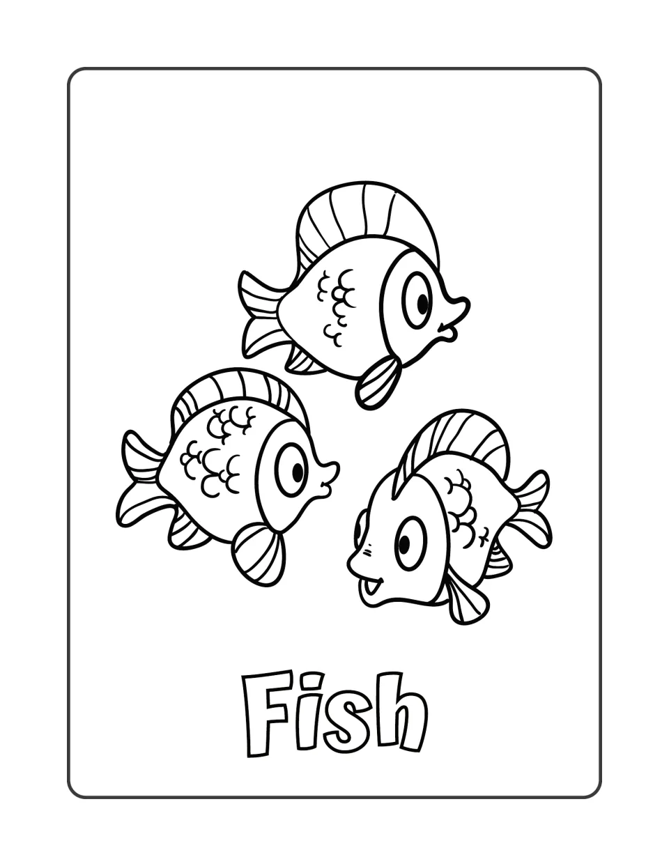Fish: students color three cartoon fish with striped fins and scaly bodies, with the word Fish in bubble letters below