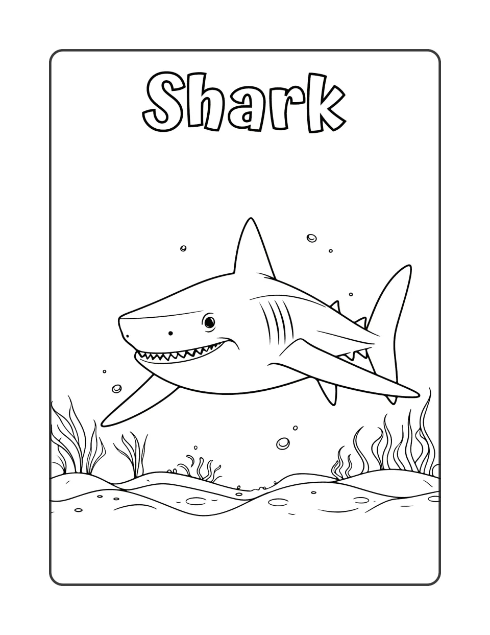 Shark: students color a smiling shark swimming over a sandy seabed with seaweed and bubbles, labeled Shark at the top