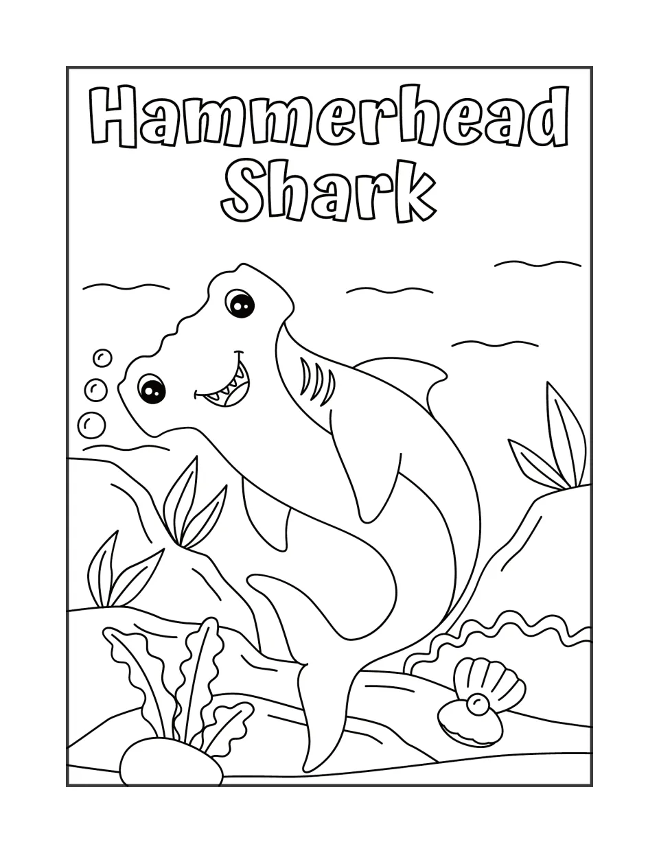 Hammerhead shark: students color a grinning hammerhead among rocks, seaweed and an open clam with a pearl