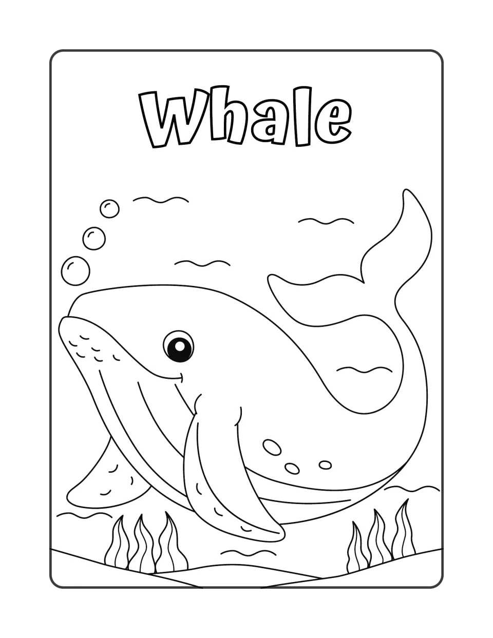 Whale: students color a large smiling whale with its tail raised, bubbles above and seaweed along the sea floor
