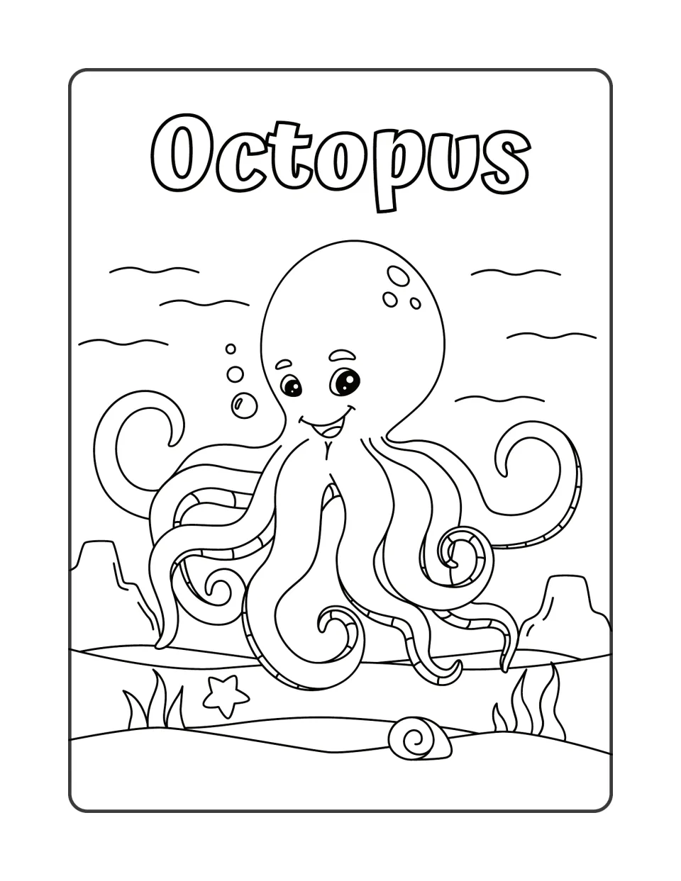 Octopus: students color a smiling octopus with curling arms above sand dotted with a starfish and snail shell