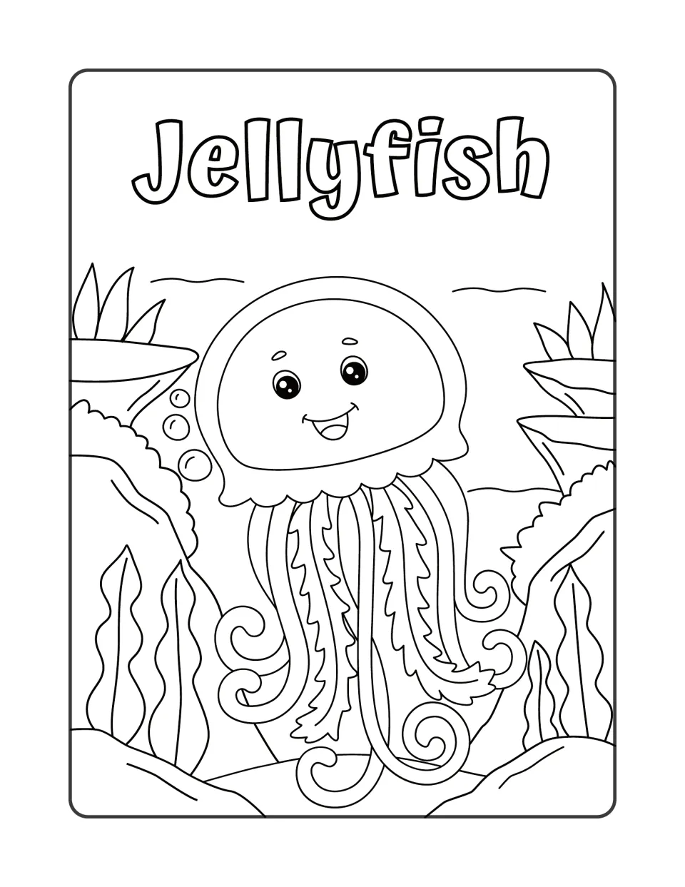 Jellyfish: students color a happy jellyfish with long frilly, curling tentacles drifting between coral and seaweed