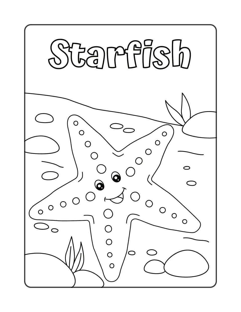 Starfish: students color a spotted, smiling five-armed starfish resting on the sea floor among pebbles and a rock