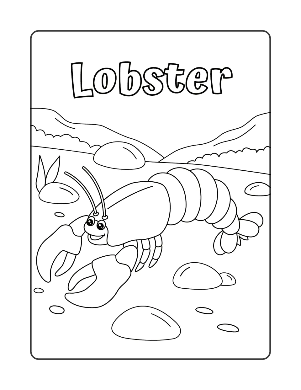 Lobster: students color a cheerful lobster with big claws, long antennae and a segmented tail crawling over rocks