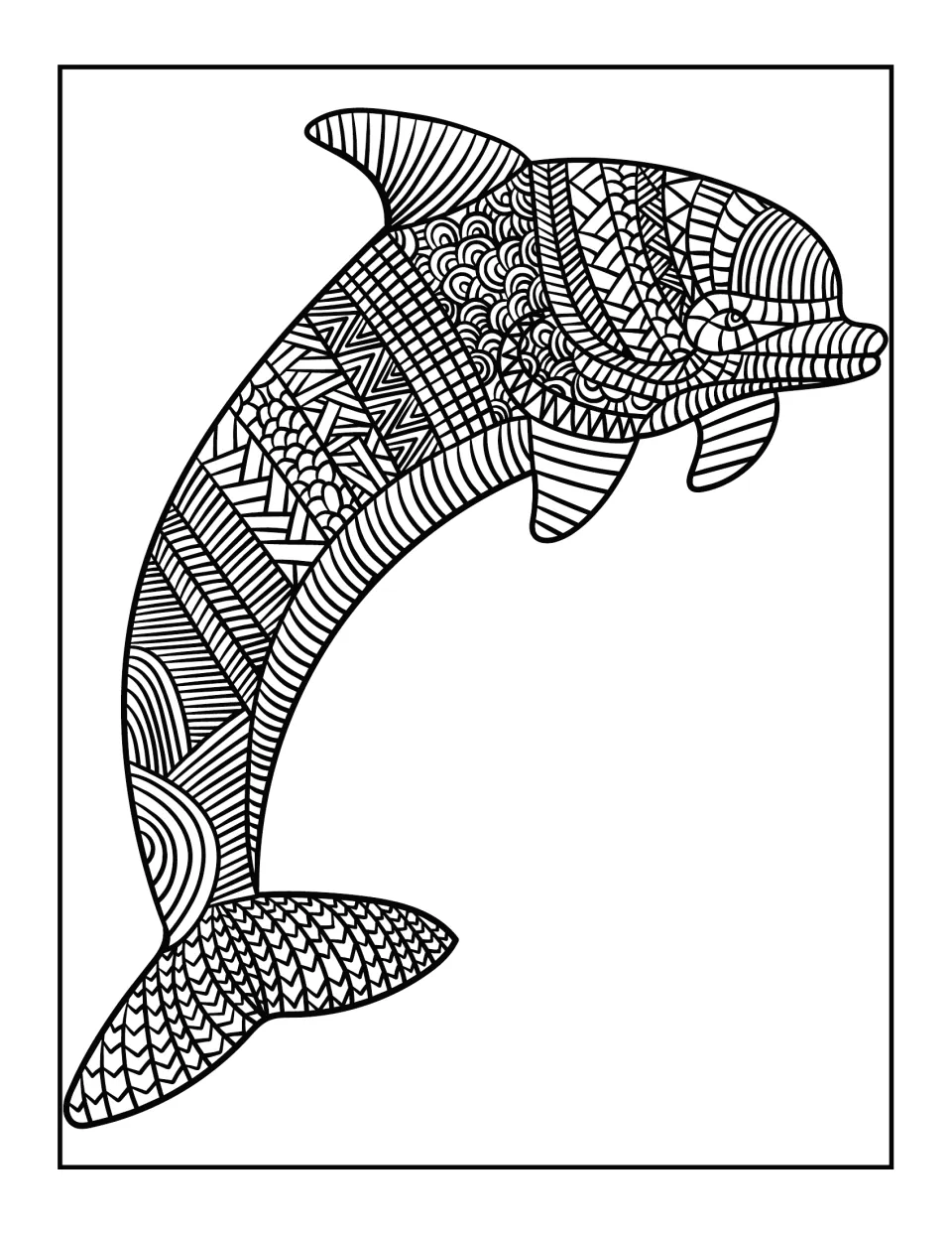 Leaping dolphin coloring page: students color a dolphin filled with stripes, zigzags, scallops and arcs