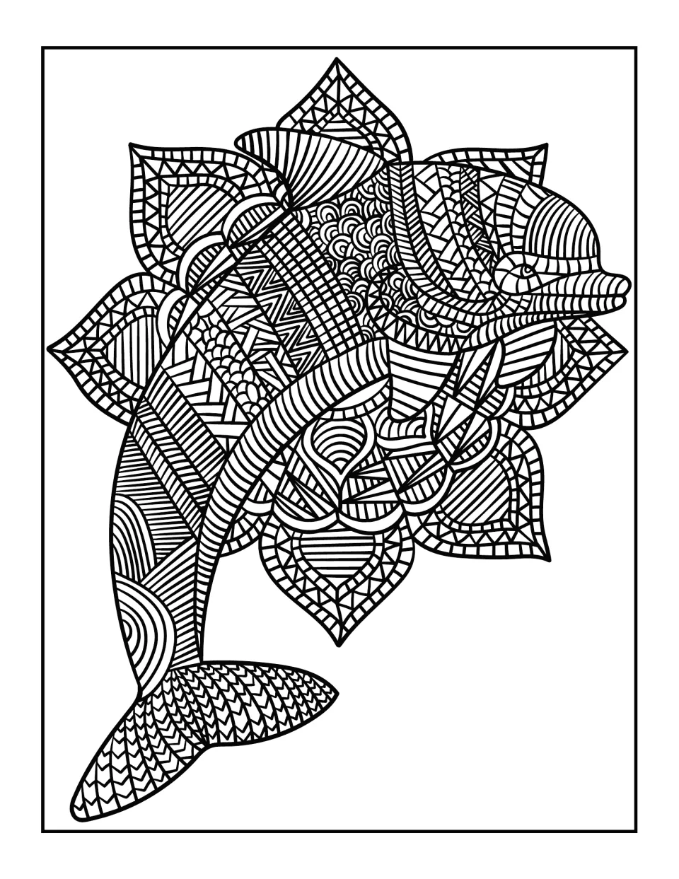 Dolphin over a flower mandala: students color a patterned dolphin set in front of large pointed, trimmed petals