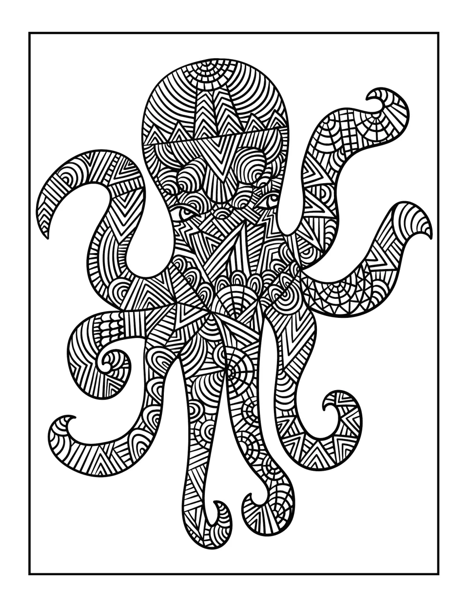 Octopus coloring page: students color an octopus with eight curling tentacles covered in spirals and stripes