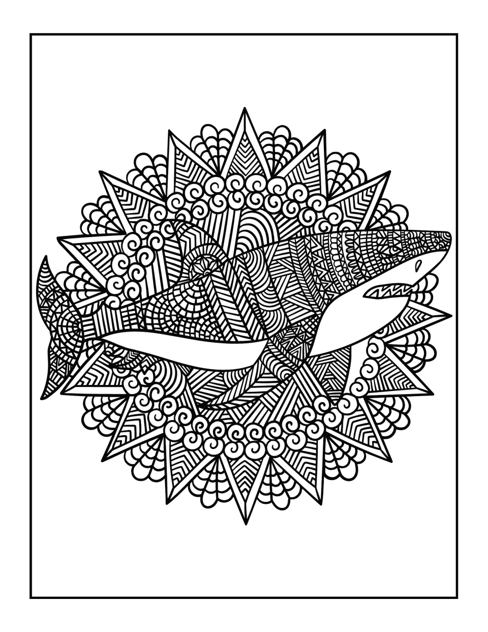 Shark mandala: students color a swimming shark across a starburst ring of pointed rays, swirl beads and scallops
