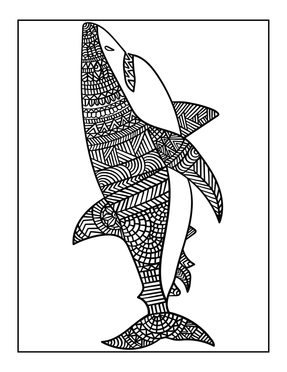 Upright shark coloring page: students color a shark rising nose-up, its back and fins filled with geometric motifs