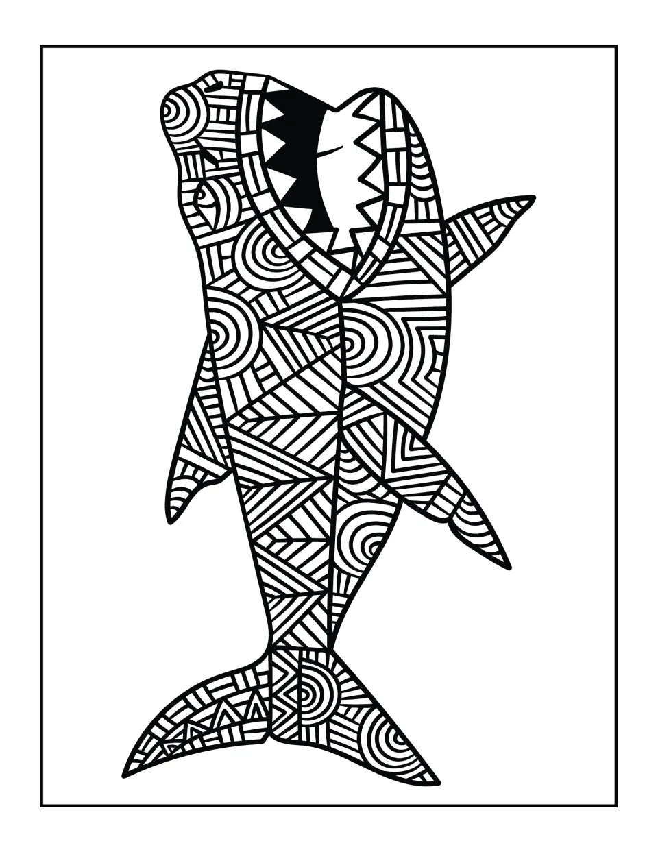 Open-mouthed shark: students color a smiling shark with a black-filled mouth, sharp teeth and bold concentric arcs