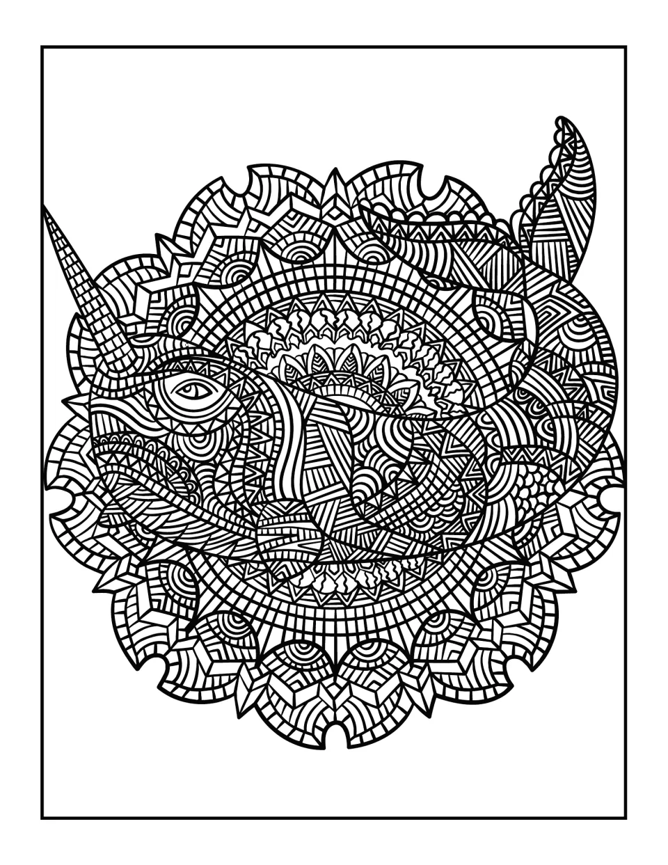 Narwhal mandala: students color a curled narwhal with a long tusk wrapped around a round, intricately tiled medallion