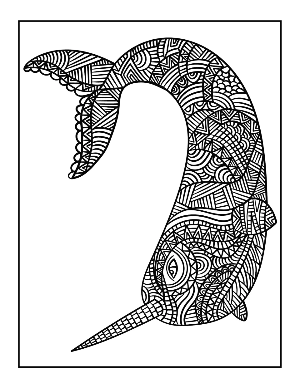 Diving narwhal coloring page: students color a narwhal heading downward, its tusk and curved tail full of patterns