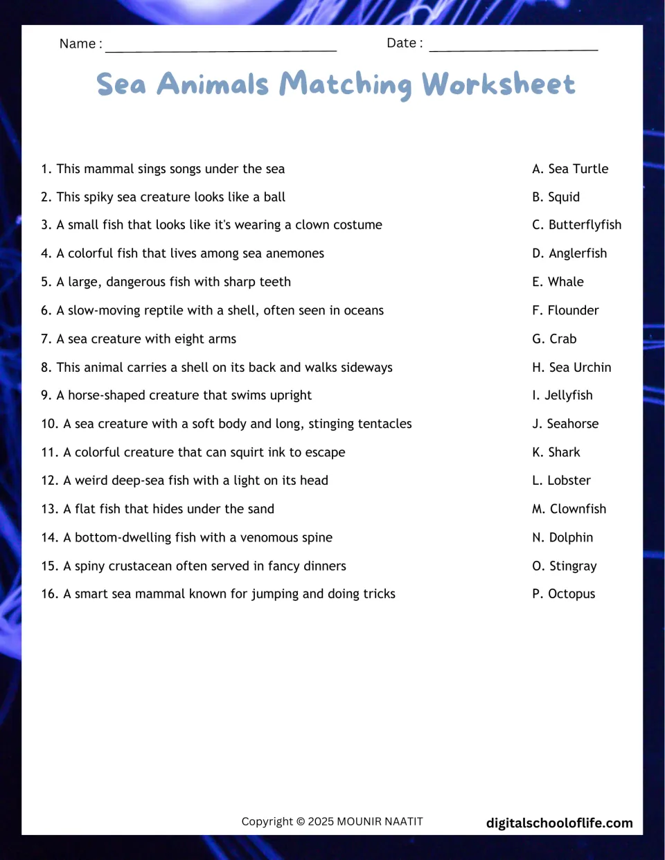 Sea animal vocabulary matching: students match 16 clues, like a mammal that sings, to animals such as whale and octopus