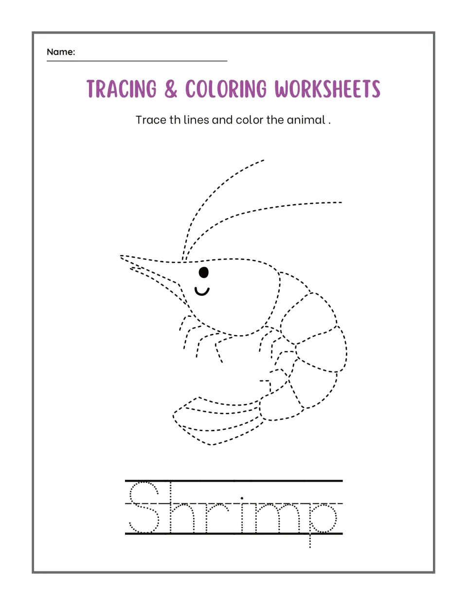 Shrimp tracing: students trace a dashed curled shrimp with long antennae, color it and trace the dotted word Shrimp