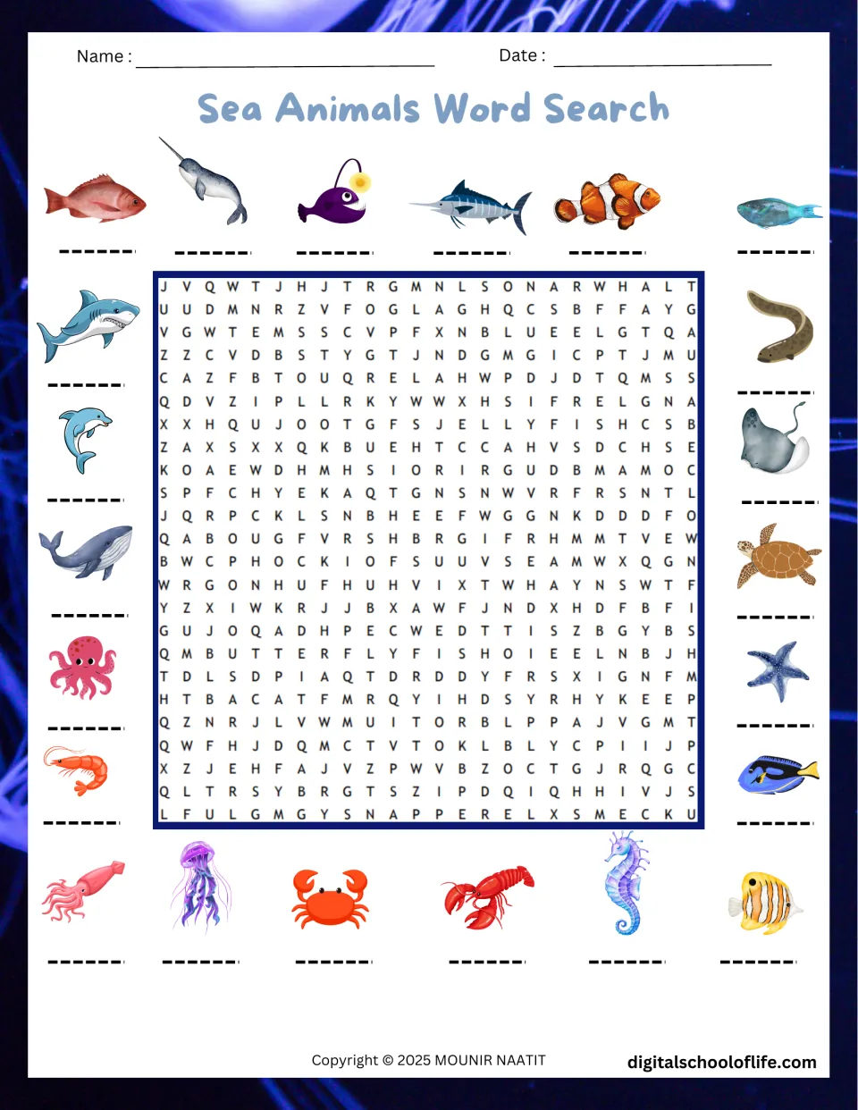 Sea animals word search: students write the names of 22 pictured sea creatures, like narwhal and eel, then find each one