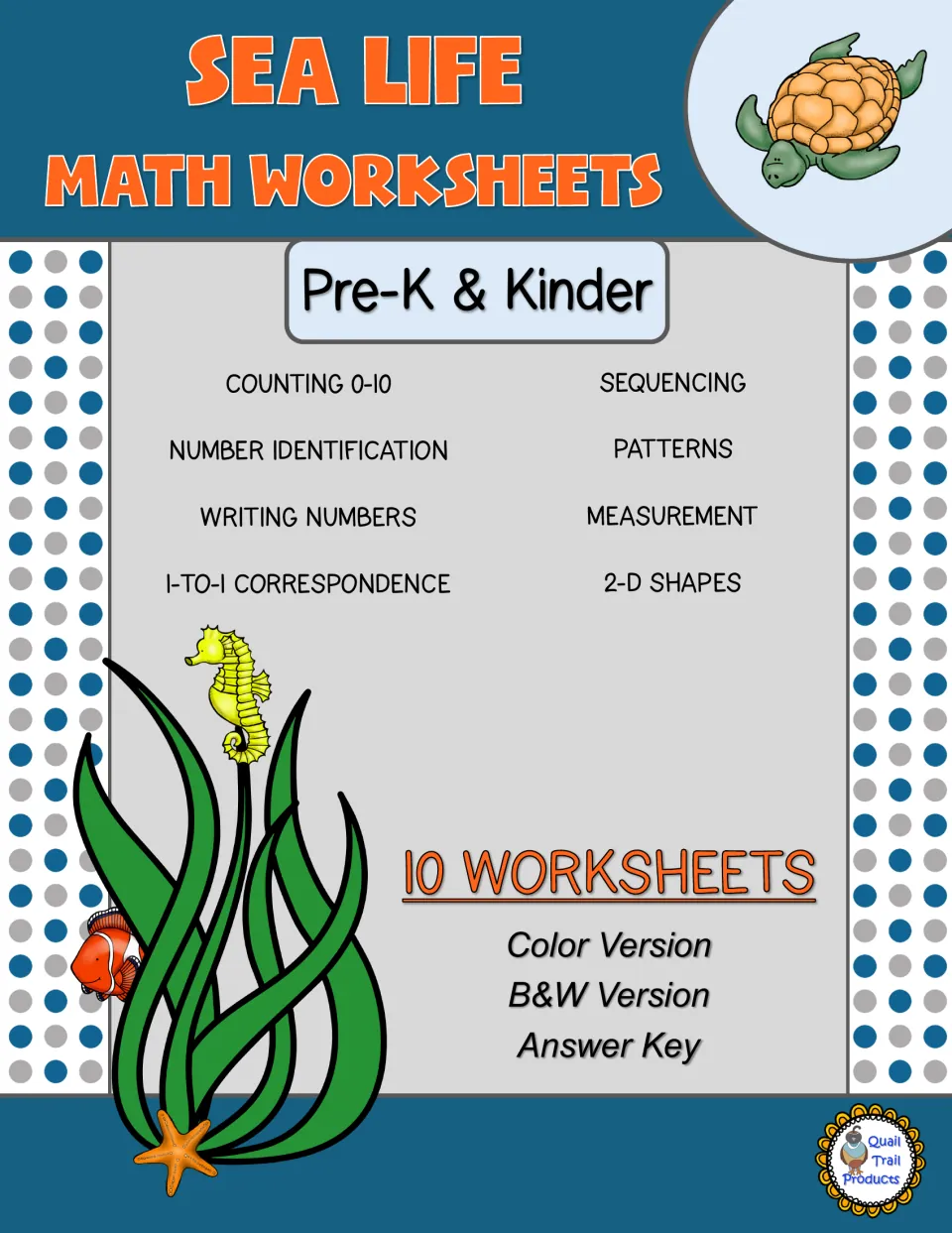 Sea Life Math Worksheets cover lists 10 worksheets for Pre-K and kindergarten, color and B&W versions, and a key