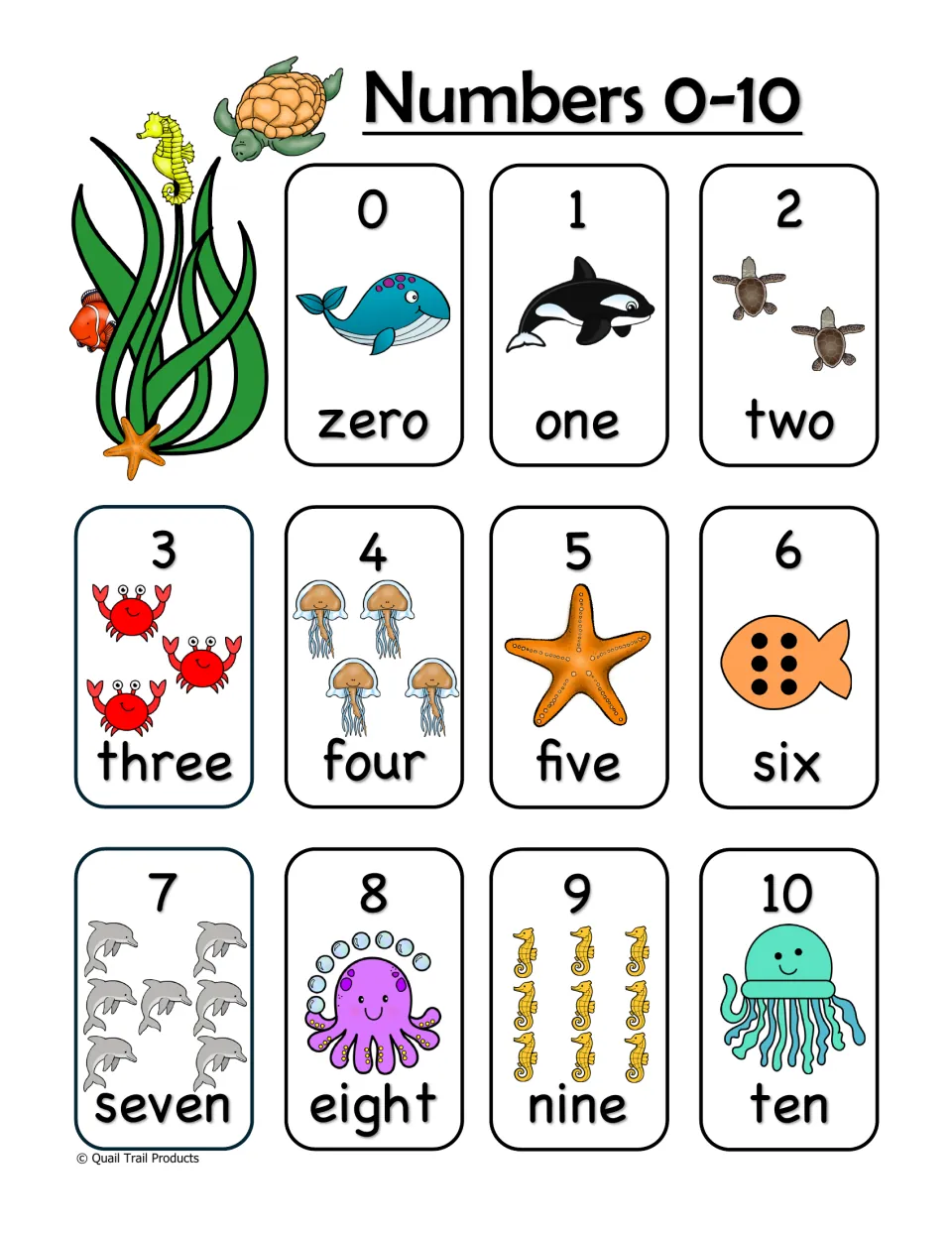 Numbers 0–10 reference chart pairs numerals and number words with sea animals and countable picture details