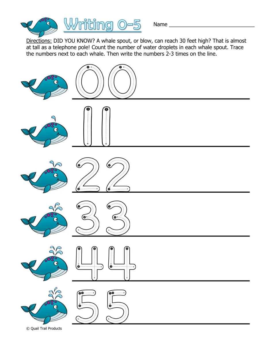 Writing 0–5 practice asks students to count whale spout droplets, trace numerals, and write each number