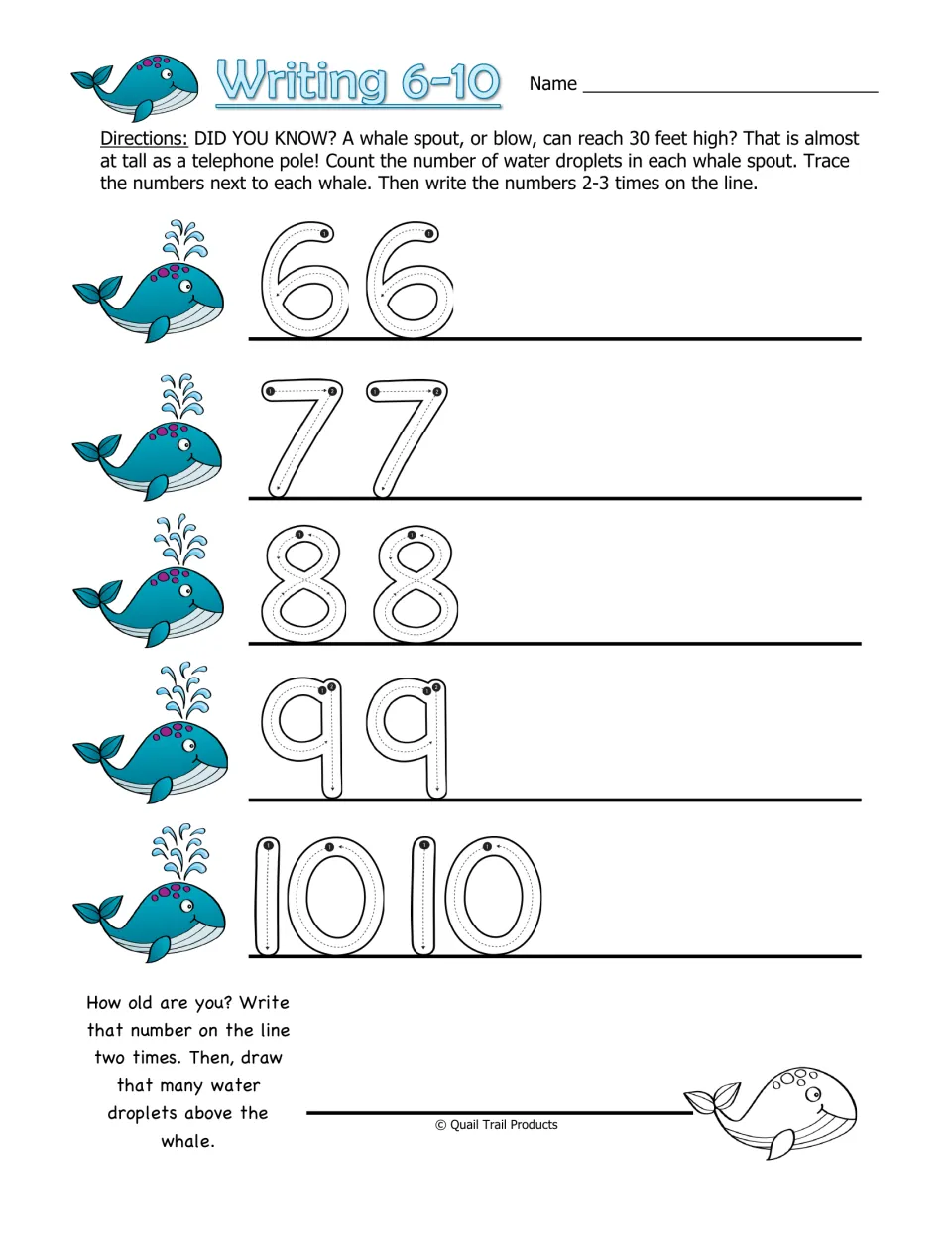 Writing 6–10 practice uses whale droplets for counting and tracing, plus writing an age and drawing droplets