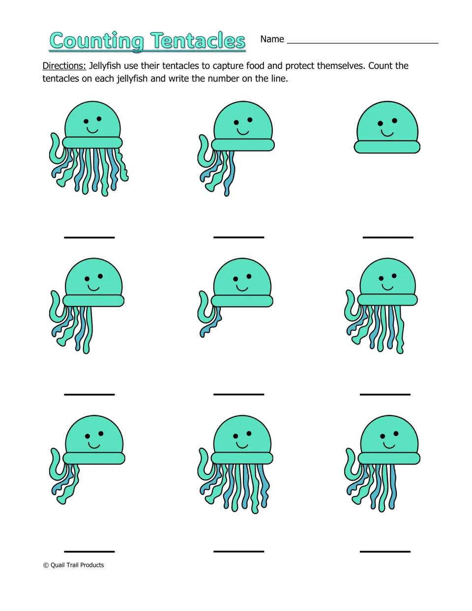 Counting Tentacles practice asks students to count tentacles on nine jellyfish and write each matching number