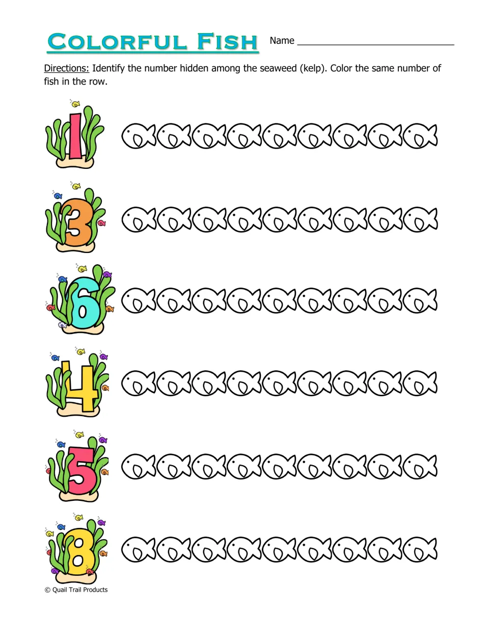 Colorful Fish number practice asks students to identify 1, 3, 6, 4, 5, and 8 in kelp and color matching fish counts