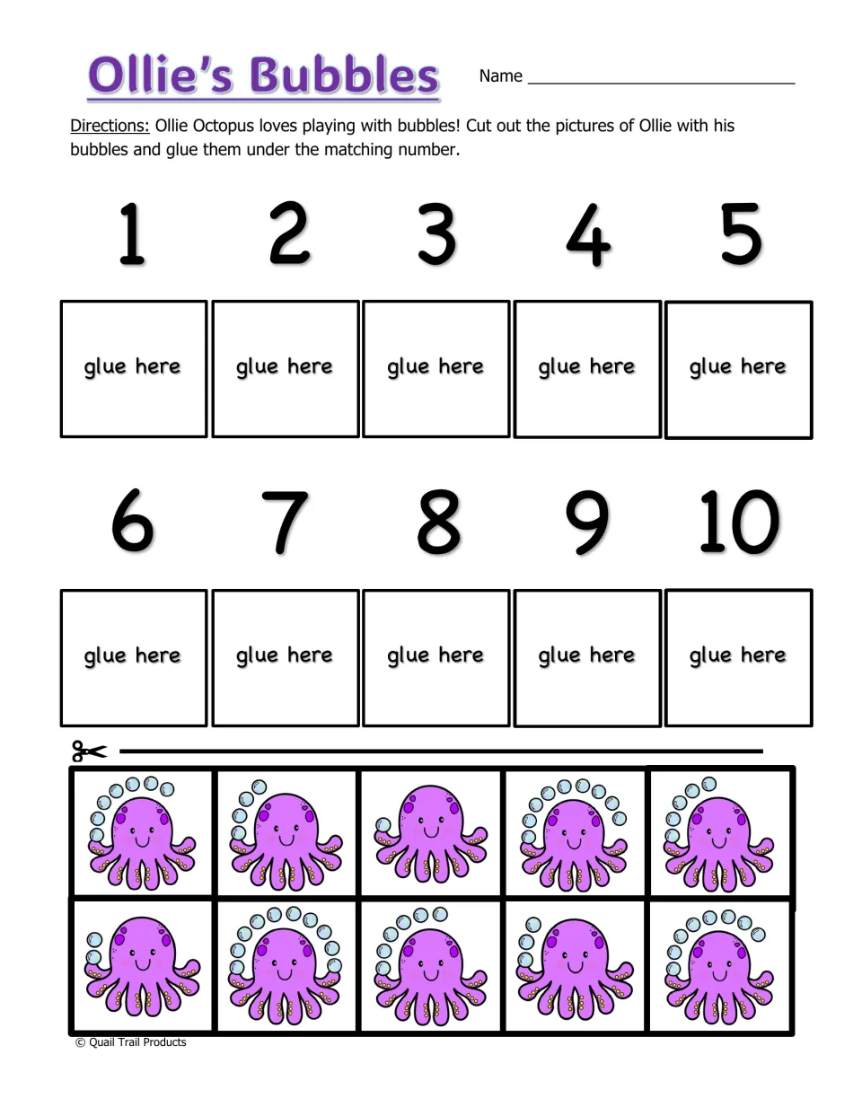 Ollie’s Bubbles cut-and-glue practice asks students to match ten octopus bubble pictures to numbers 1–10