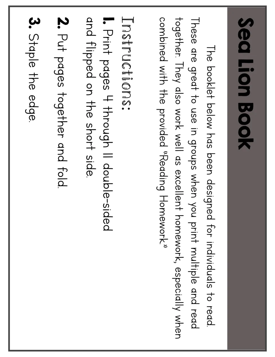 Booklet assembly instructions: print pages 4–11 double-sided, flip on the short side, fold, and staple
