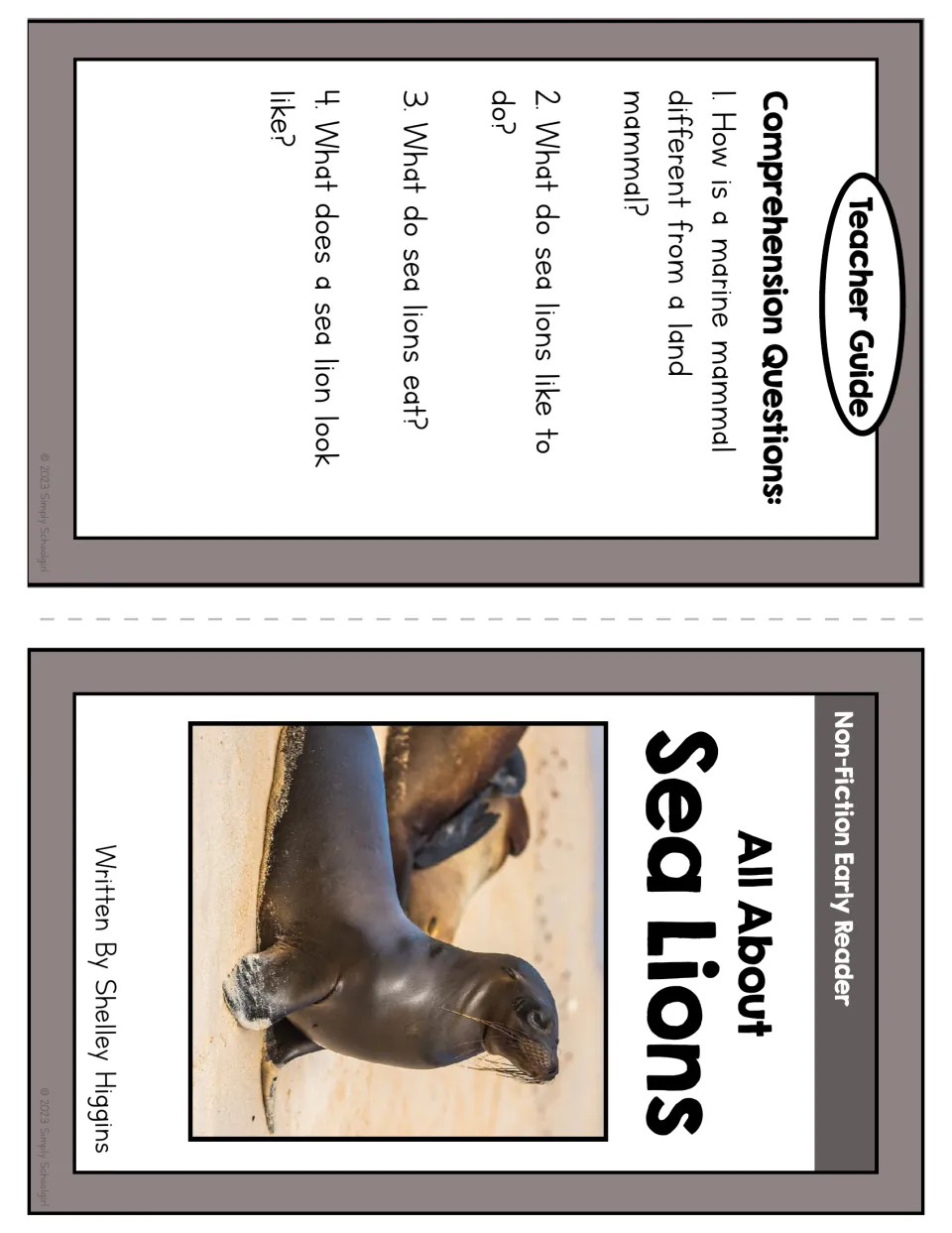 Booklet cover and teacher guide with four questions about sea lions’ mammal type, activities, food, and looks