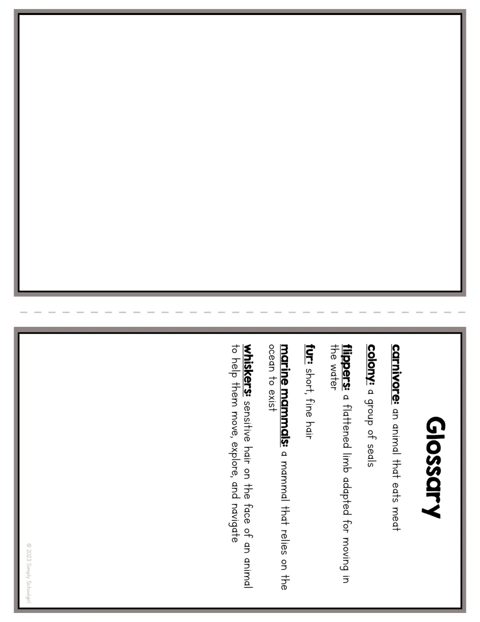 Booklet glossary defines carnivore, colony, flippers, fur, marine mammals, and whiskers beside a blank panel