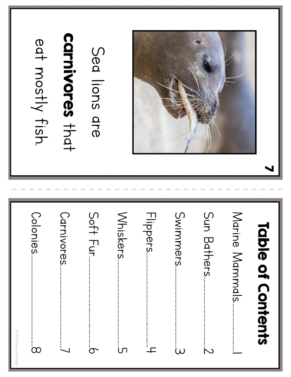 Reader page 7 says sea lions are carnivores that eat mostly fish; the contents lists all eight reading topics