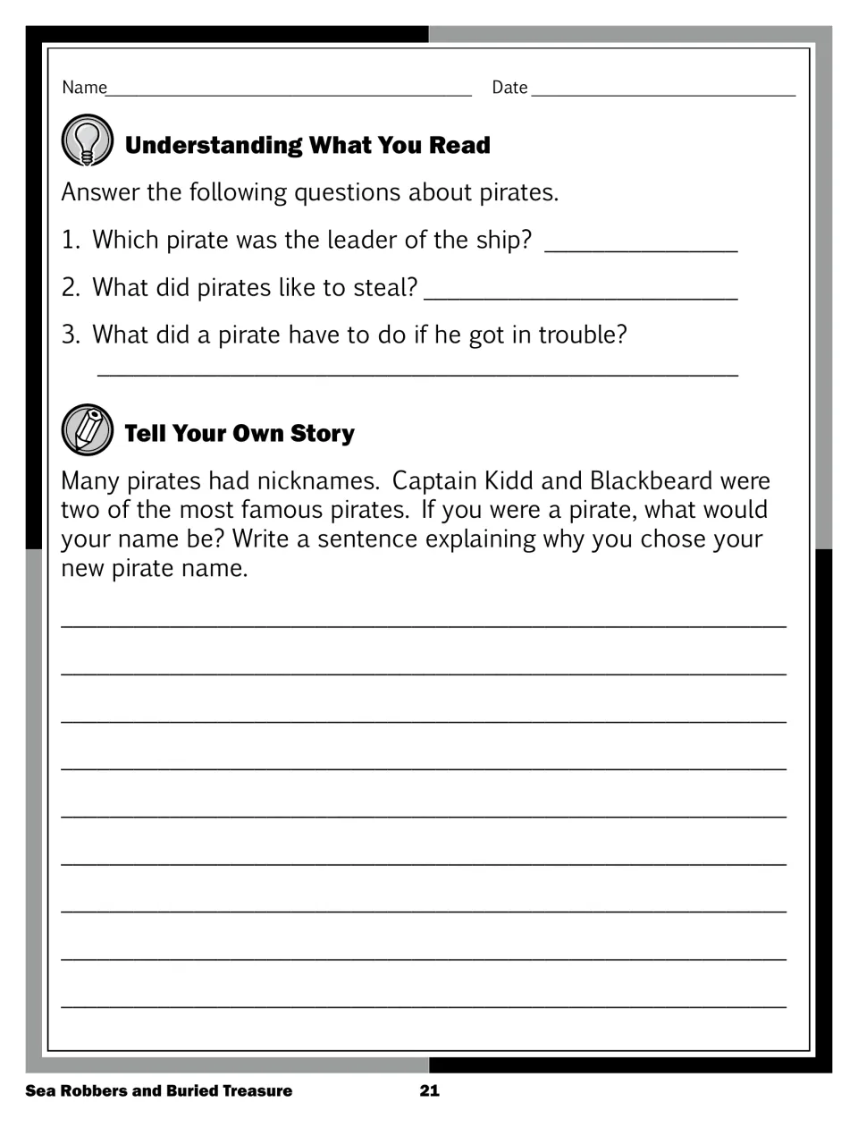 Questions on the pirate article: who led the ship, what pirates stole, plus writing your own pirate name and why