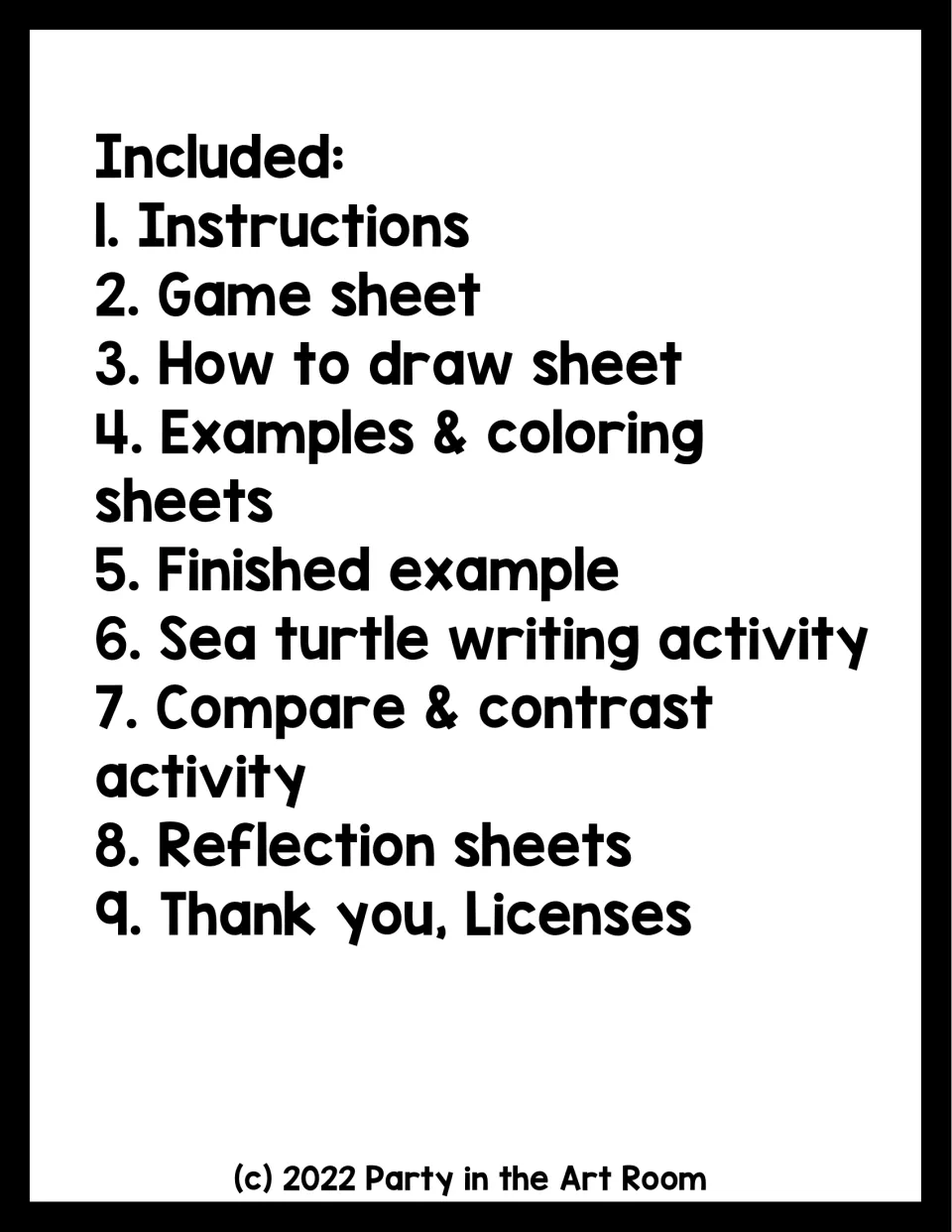 Contents list: instructions, game sheet, how-to-draw sheet, coloring sheets, writing, compare and contrast, reflection